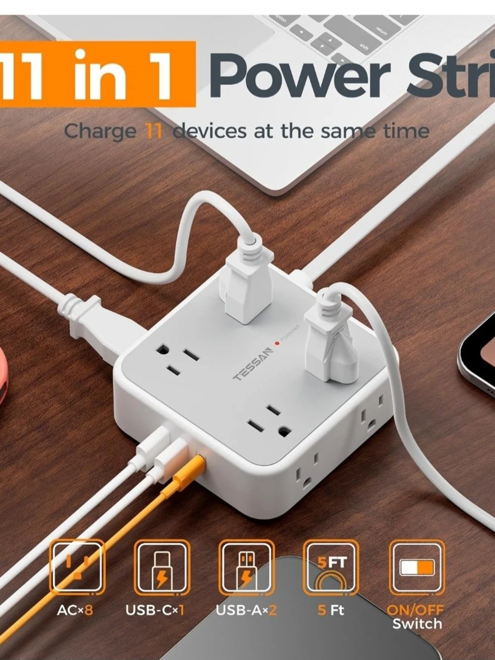 White 6-Outlet Power Strip with 3 USB Ports
